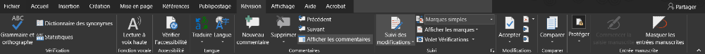 Capture d'écran de l'onglet Révision du logiciel Word