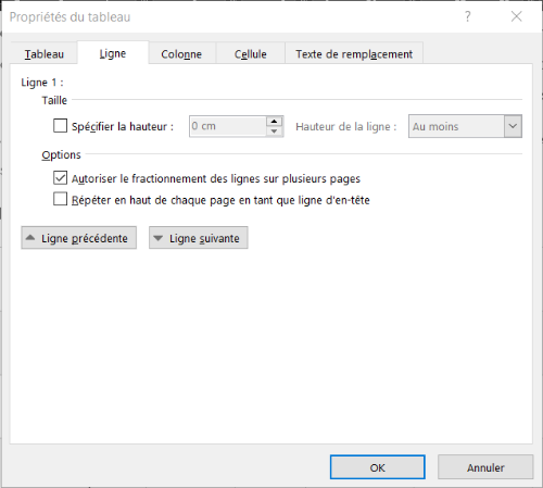 Capture d'écran du menu Propriétés du tableau dans le logiciel Word