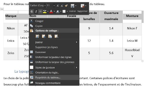 Capture d'écran du menu contextuel d'un tableau dans le logiciel Word