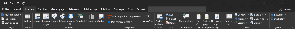 Capture d'écran de l'onglet Insertion du logiciel Word