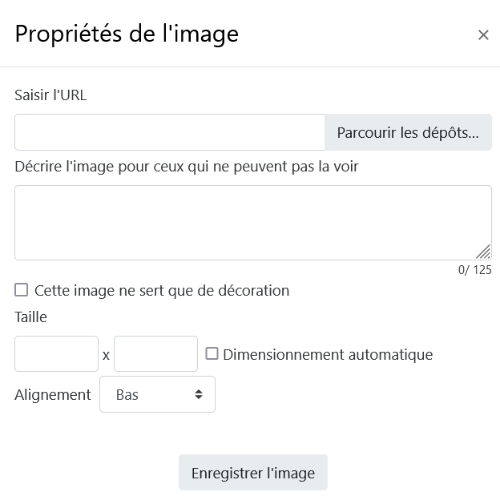 Capture d'écran du menu propriétés de l'image sur e-campus