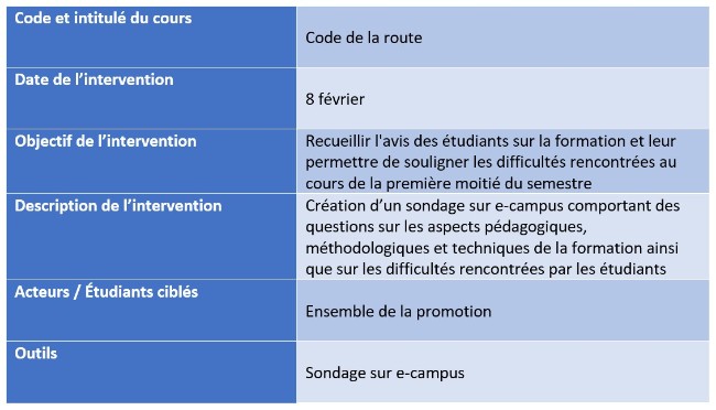 Capture d'écran d'une fiche d'intervention tutorale comportant la date, l'objectif et la description de l'intervention ainsi que les étudiants ciblés et les outils utilisés